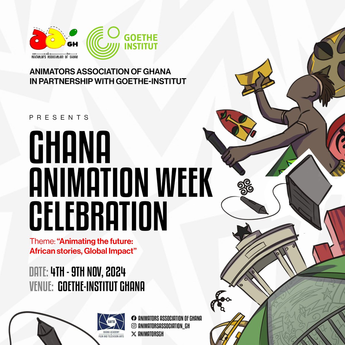 "Get ready to immerse yourself in the world of animation at the Ghana Animation Week Celebration from November 4th to 9th, 2024! Stay tuned for the upcoming program details. Don't miss out on this fantastic event!"