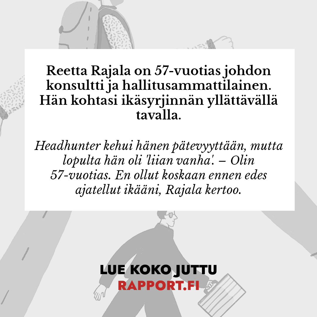 RapportFI's tweet photo. Aiherahoitettu artikkeli - kaupallinen yhteistyö @suomenekonomit

Nyt ikäsyrjinnästä puhuu kaksi iäkkäämpää korkeakoulutettua työntekijää, joilla menee työelämässä paremmin kuin koskaan.

Mutta.

"Kuulin rekrytilanteessa, että olisin muuten täydellinen, mutta olen 57-vuotiaana liian vanha toimitusjohtajaksi", kuvailee Reetta Rajala. "Sitä ennen en ollut koskaan edes ajatellut ikääni."

Toimittaja Jose Riikonen kirjoitti jutun, joka kannattaa lukea! https://t.co/U8jVtSmVp9

#ikäsyrjintä #työelämä