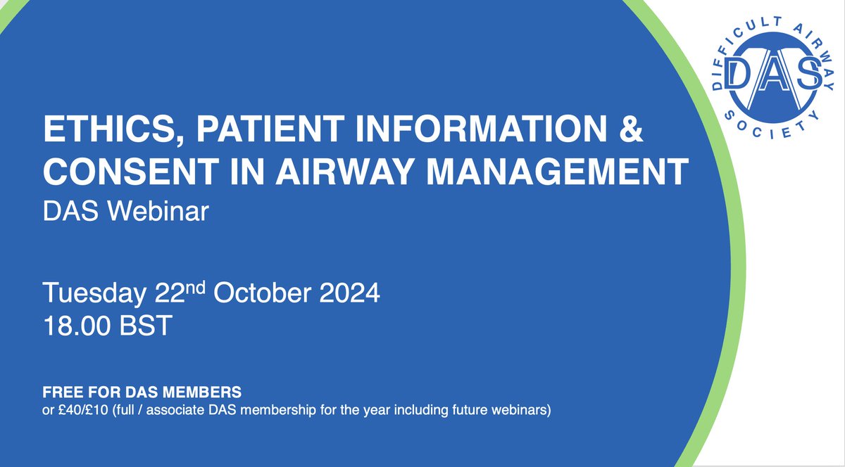 Last few days to book for the next DAS webinar!
Hear all about ethical decision making in airway management and training and share your views...
Click to register for FREE or become a DAS member today 👉 bookcpd.com/course/das-eth…