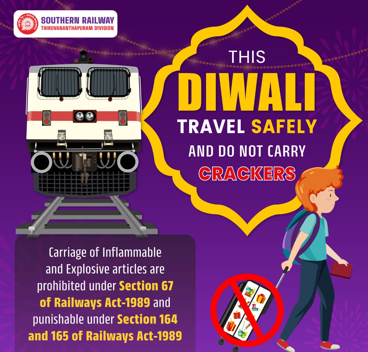 drm_tvc's tweet photo. This #Diwali2024, prioritize safety by avoiding the carriage of crackers during your #train journey. Transporting #inflammable or #explosive items is strictly prohibited under Section 67 of the #railways Act, 1989, and violations are punishable under Sections 164 &amp; 165. #StaySafe https://t.co/He8q7zLY4y