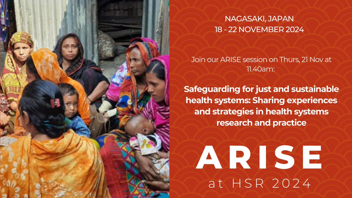 ARISE (@arisehub) on Twitter photo Are you going to be at #HSR2024 in Nagasaki? We are! See you there! And join our rich session on safeguaring for just and sustainable health systems, on Thursday 21 November...
<a href="/H_S_Global/">Health Systems Global</a> Are you going to be at #HSR2024 in Nagasaki? We are! See you there! And join our rich session on safeguaring for just and sustainable health systems, on Thursday 21 November...
<a href="/H_S_Global/">Health Systems Global</a>