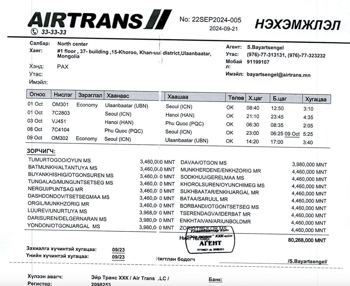 Хяналтын сайд Э.Одбаяр нь 8 бүсгүйн хамт 2024.10.01-09 хооронд Вьетнам Улсын Фукок аралд очиж Төрийн байгууллагатай танилцаж туршлага судалжээ.

Тийзний үнэ нь 55,126,000₮