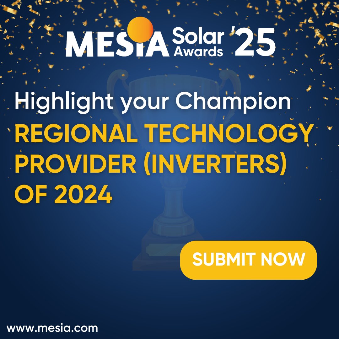 MiddleEastSolar's tweet image. 🔈 Are you a Solar Equipment or Inverter Manufacturer with an outstanding inverter made in 2024? Gain recognition as the Regional Inverter Provider of the Year at the MESIA Solar Awards 2025! 🏆

⏳ Only 2 weeks left to submit! 👉 ow.ly/KM7k50TNoSc

#SolarAwards #MENASolar