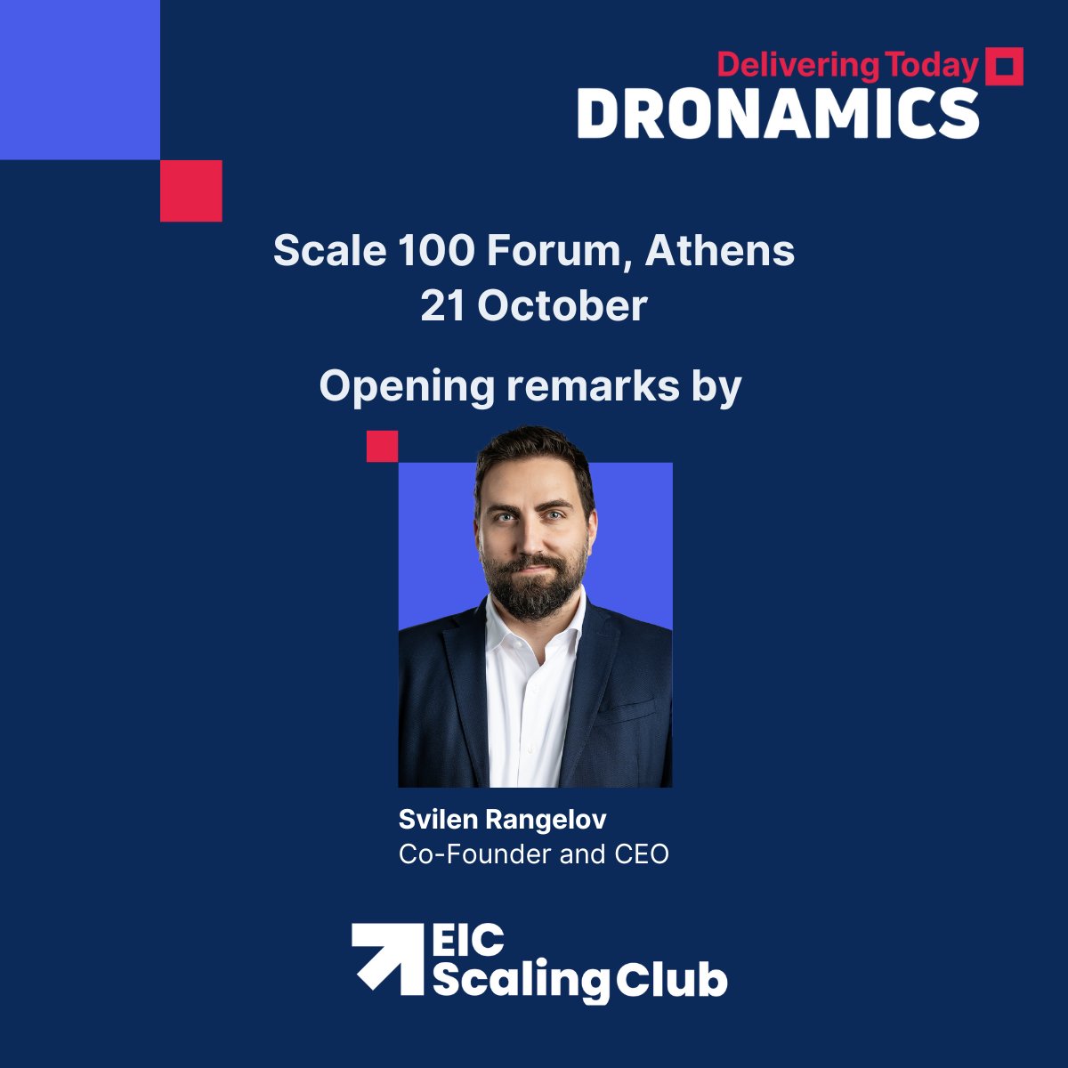 Next stop📷@EICScalingClub @Scale100Forum, Athens 
As one of the deep-tech members of the <a href="/eicscalingclub/">eicscalingclub</a>, we will be representing the Smart Mobility group
📷 Our Co-Founder and CEO <a href="/svilenrangelov/">Svilen Rangelov</a>  will be giving opening remarks on day 1
#Scale100Forum #EICScalingClub #Dronamics