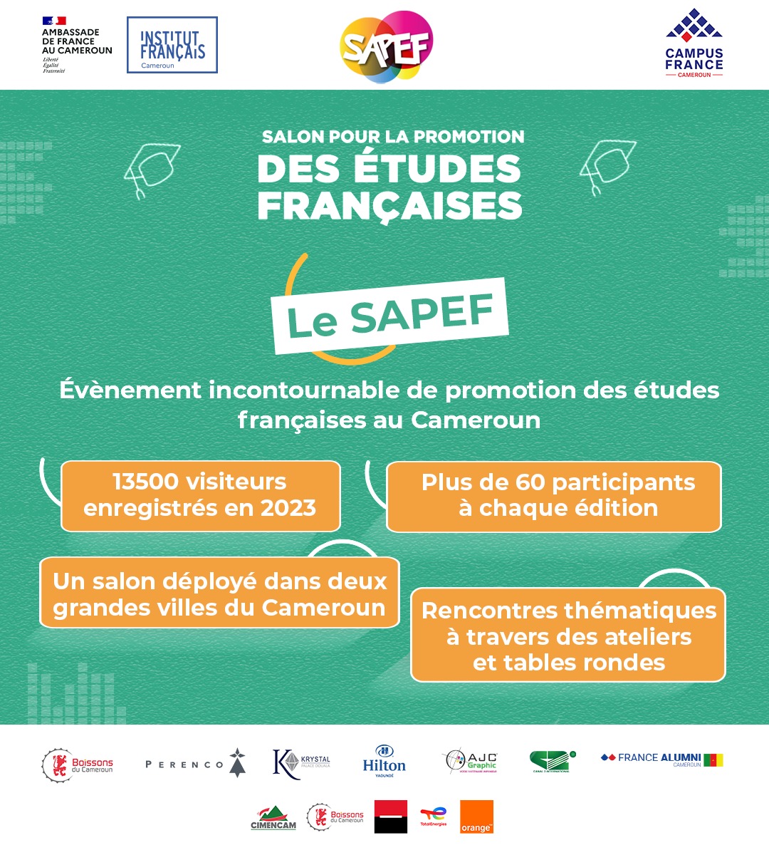 CampusFranceCam's tweet photo. Le SAPEF en quelques mots👇🏾👇🏾👇🏾

Ne ratez surtout pas ce rendez-vous annuel de promotion des études supérieures 💯

Entrée libre et gratuite pour tous😉😉 ! 

@CampusFrance @FRauCameroun @IFCameroun 

#Sapef2024 https://t.co/ckCSfBLmTE