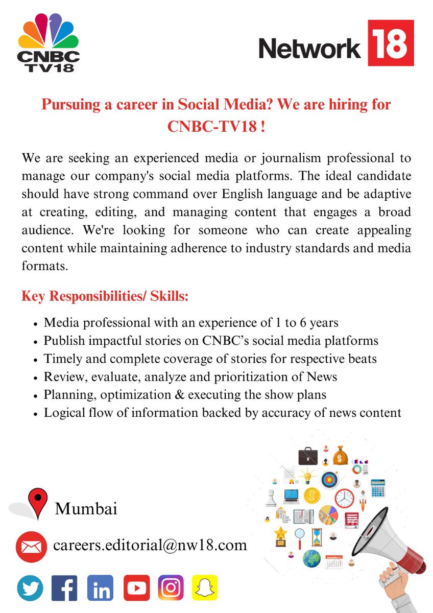 Network18Group's tweet image. CNBC-TV18 is hiring for Social Media enthusiast!
#Network18 #CNBCTV18 #EditorialHiring #SocialMedia #HiringAlert #Mumbai