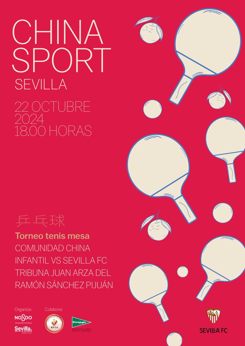 sevillaciudad's tweet photo. 🇨🇳 El #deporte también estará muy presente en la #ChinaWeek que se celebrará del 18 al 23 de octubre en #Sevilla.
🏓 No te pierdas el día 22 el torneo de tenis de mesa entre la comunidad infantil china y el @SevillaFC.
📲 Inscríbete para asistir 👉 https://t.co/4VCQ6VFuUH https://t.co/sAKgPyXKON