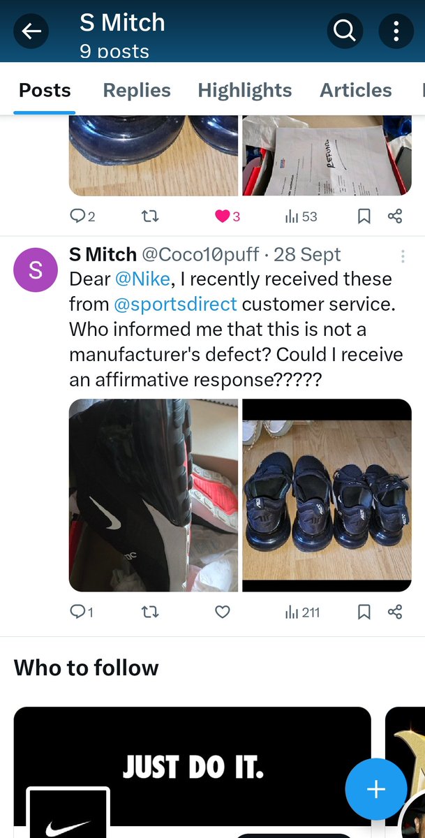 Coco10puff's tweet photo. @SportsDirectUK shame you sell defective trainers, then charge for return, only to send back and say non manufacturing faulty! #nike is this a manufacturing faulty cos wearing once at that price should be a crime. https://t.co/7lIws4RTG3