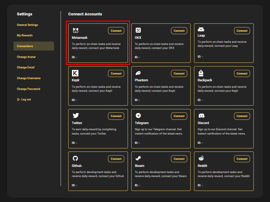 You can easily connect your Metamask Wallet from your Connections page shown in the image.
