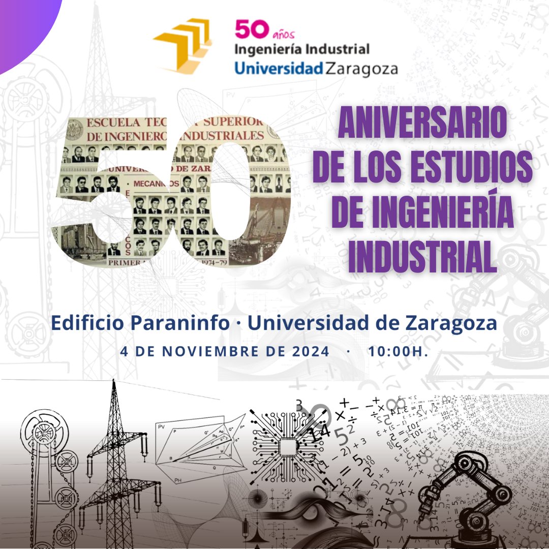 Acto de conmemoración del 50º aniversario del comienzo de los estudios oficiales de Ingeniería Industrial en Zaragoza
🗓️4 de noviembre ⏰10h 📍 Sala Paraninfo del Edificio Paraninfo de la <a href="/unizar/">Universidad Zaragoza</a> 
Programa provisional y confirmación de asistencia en 
eina.unizar.es/noticia/invita…