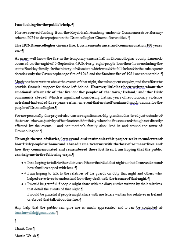 Dr Martin Walsh FRHistS (@tmartinwalsh) on Twitter photo Delighted to have received funding from the <a href="/RIAdawson/">Royal Irish Academy</a> for a project that will look at the aftermath & emotional trauma of the 1926 Dromcollogher cinema fire on the people of the town, Ireland and the Irish diaspora. Need the publics help - see below. Retweets appreciated. Delighted to have received funding from the <a href="/RIAdawson/">Royal Irish Academy</a> for a project that will look at the aftermath & emotional trauma of the 1926 Dromcollogher cinema fire on the people of the town, Ireland and the Irish diaspora. Need the publics help - see below. Retweets appreciated.