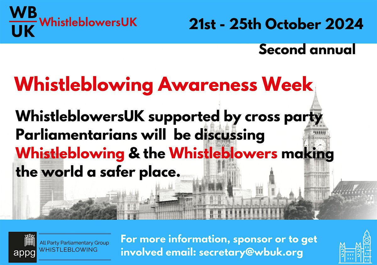 Whistleblowing Awareness Week 2024 kicks off next week! 

On Friday, 25th October, there will be a series of events held exploring providing an introduction to whistleblowing and managing #whistleblowing cases. 

Link here  to sign up: shorturl.at/ZZPSv