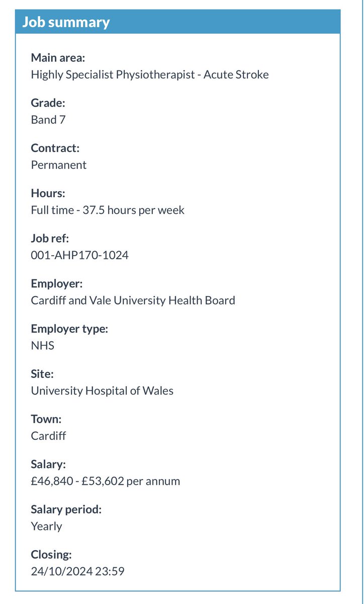 ClaireButters43's tweet photo. 🌟Acute Stroke Physiotherapist post out now🌟 https://t.co/3fSZp2i1Hq