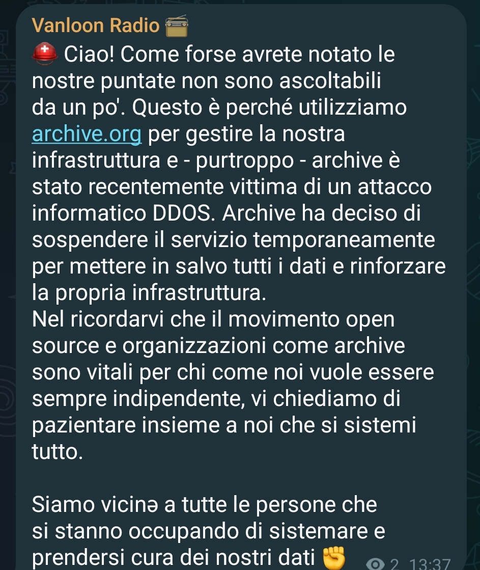 Vanloon_radio's tweet photo. Archive è giù, speriamo si risolva tutto presto 💜🤝✊ https://t.co/nDNKXgKNGx