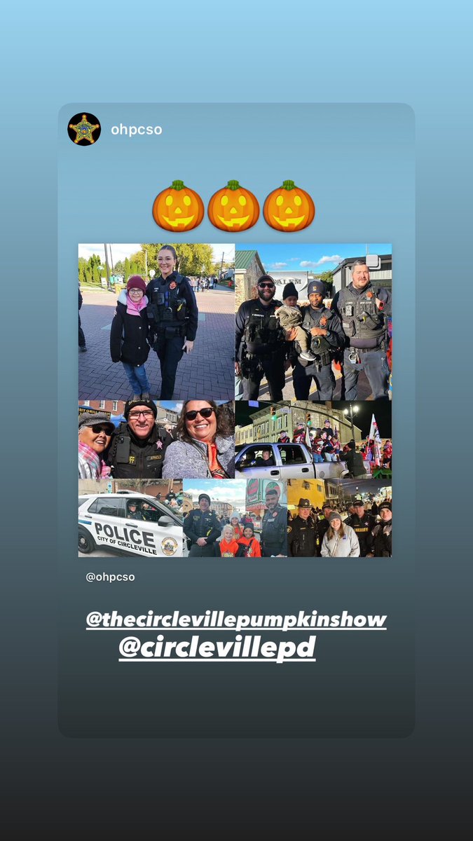 Circleville Police (@circlevillepd) on Twitter photo 🎃 Day 1 of Pumpkin Show 🎃
A fantastic day filled with giant pumpkins, charming Little Queens, and beautiful weather! Don’t forget to submit your selfies with a cop/deputy to the <a href="/CirclevillePD/">Circleville Police</a> or <a href="/pickawaysheriff/">Pickaway County Sheriff</a> Facebook page!
#CirclevillePumpkinShow #SelfieWithACop 🎃 Day 1 of Pumpkin Show 🎃
A fantastic day filled with giant pumpkins, charming Little Queens, and beautiful weather! Don’t forget to submit your selfies with a cop/deputy to the <a href="/CirclevillePD/">Circleville Police</a> or <a href="/pickawaysheriff/">Pickaway County Sheriff</a> Facebook page!
#CirclevillePumpkinShow #SelfieWithACop