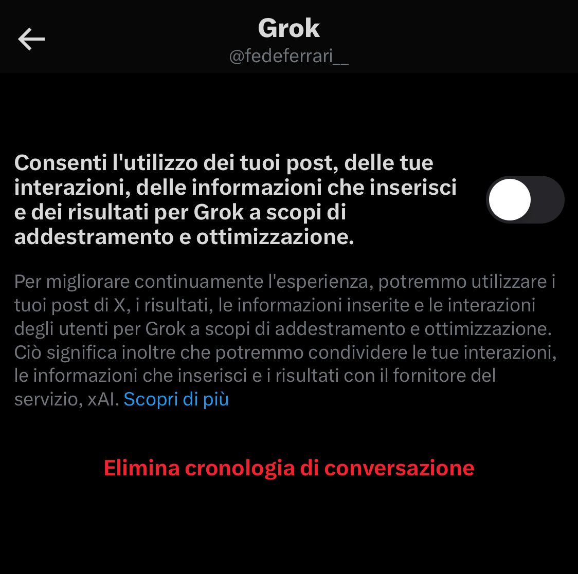 fedeferrari__'s tweet photo. in questi giorni qui su X continuano ad uscirmi post che invitano gli utenti a disattivare l’addestramento di Grok, l’IA di Musk, con i nostri post su X. La notizia è vecchia, risale a questo luglio, ma fare un bel reminder male non fa:

Impostazioni>Privacy e sicurezza> Grok https://t.co/pZ76ONDTAl