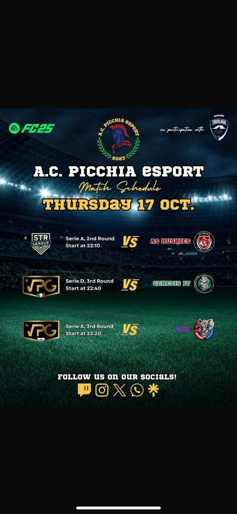 📢 MATCHDAY

🏆 sTr League - Serie A
🆚 <a href="/ac_huskies/">AC Huskies</a> 
⏰ 22:10
__________

🏆 <a href="/VPGItaly/">VPG Italy 🇮🇹</a> - Serie D
🆚 Genesis it
⏰ 22:40
__________

🏆 <a href="/VPGSanMarino/">VPG San Marino 🇸🇲</a> - Serie A
🆚 @MDF_SpidibitCt
⏰ 23:20

👀 Follow us live on Twitch:

twitch.tv/acpicchiaesport