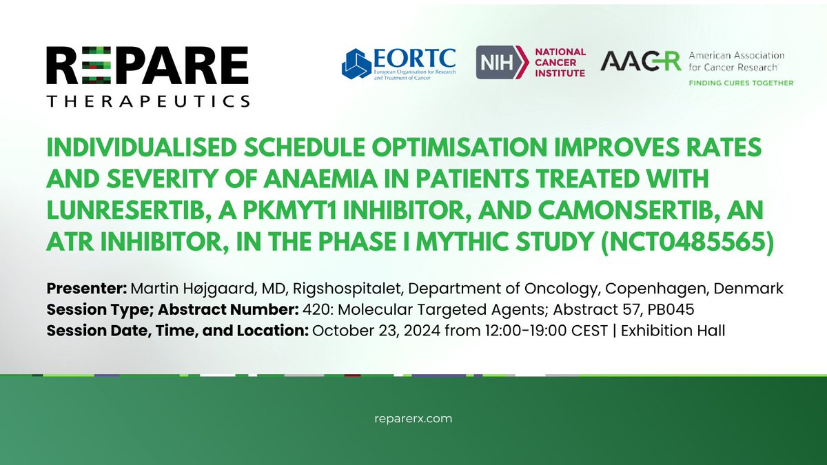 Repare Therapeutics (@reparerx) on Twitter photo Inviting all attendees of the 36th EORTC-NCI-AACR Symposium at the CCIB in Barcelona to join Dr. Martin Højgaard and <a href="/RepareRx/">Repare Therapeutics</a> for a presentation on the impact of individualised schedule optimisation in our Phase 1 MYTHIC Study. See you at #ENA2024! Inviting all attendees of the 36th EORTC-NCI-AACR Symposium at the CCIB in Barcelona to join Dr. Martin Højgaard and <a href="/RepareRx/">Repare Therapeutics</a> for a presentation on the impact of individualised schedule optimisation in our Phase 1 MYTHIC Study. See you at #ENA2024!