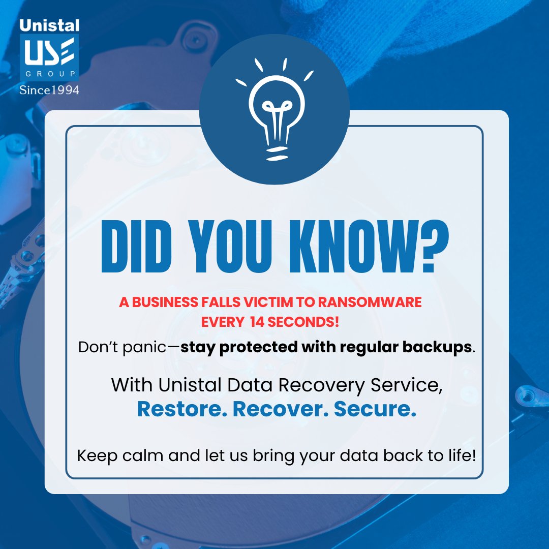 UnistalGlobal's tweet image. Lost data? Don’t worry! Unistal Data Recovery Service will restore, recover, and secure your valuable information.

Stay calm—every byte matters!
Call now: 8800114822

#DataRecovery #Unistal #RestoreData #SecureData #EveryByteMatters #DataRescue #ITSupport