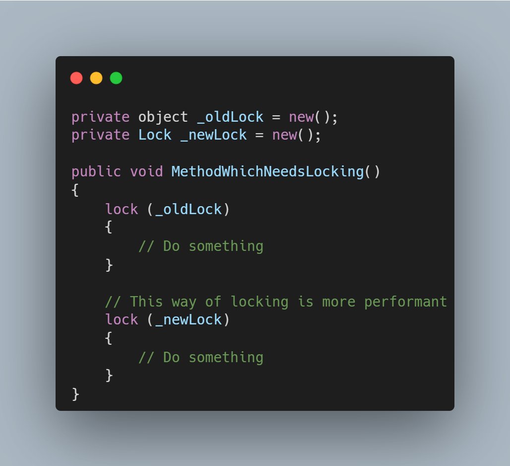 BuildItBusk's tweet photo. .NET 9 provides a new class dedicated for locking. Besides adding a few new gimmicks it's more performant than locking on a generic object. https://t.co/g1YEh2U83E