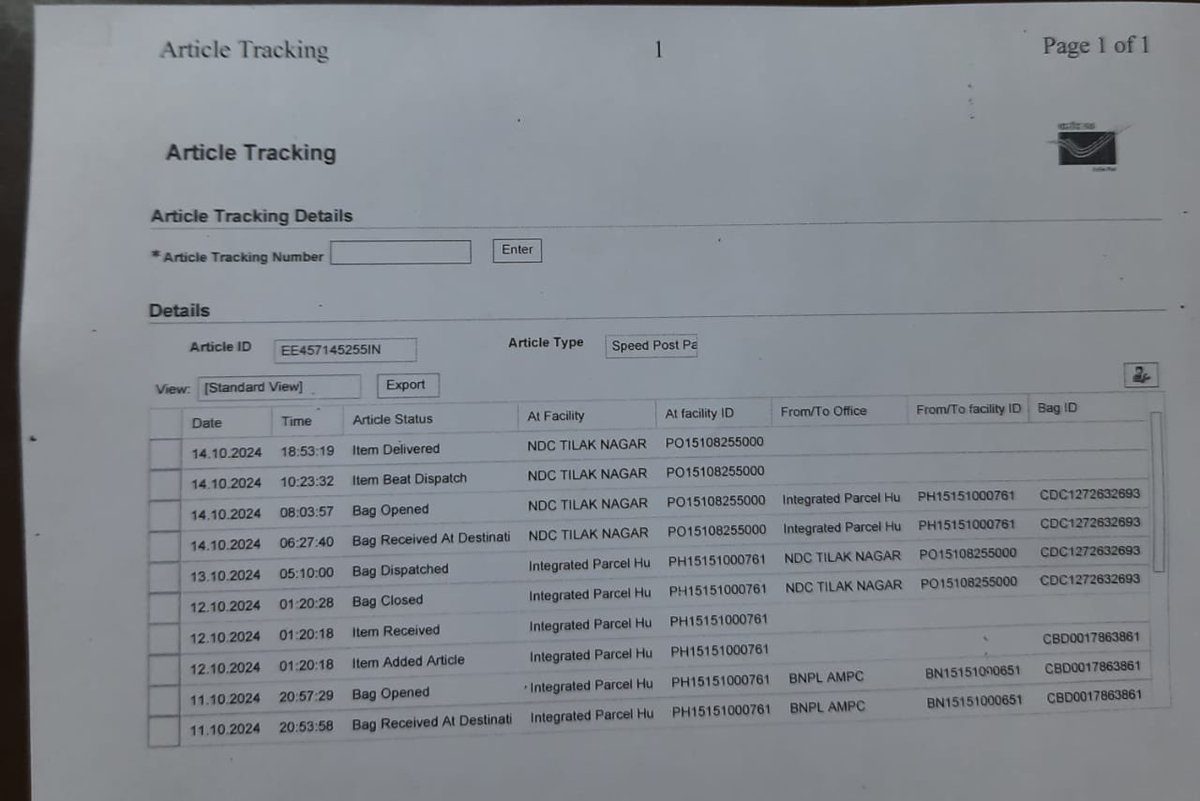 nasirIPO's tweet photo. Sir @IndiaPostOffice @cpmgdelhi the item is shown as delivered but addressee has not received it till date. Kindly look into and cause early delivery. 

Thanks. https://t.co/fW5F8IjiQ2