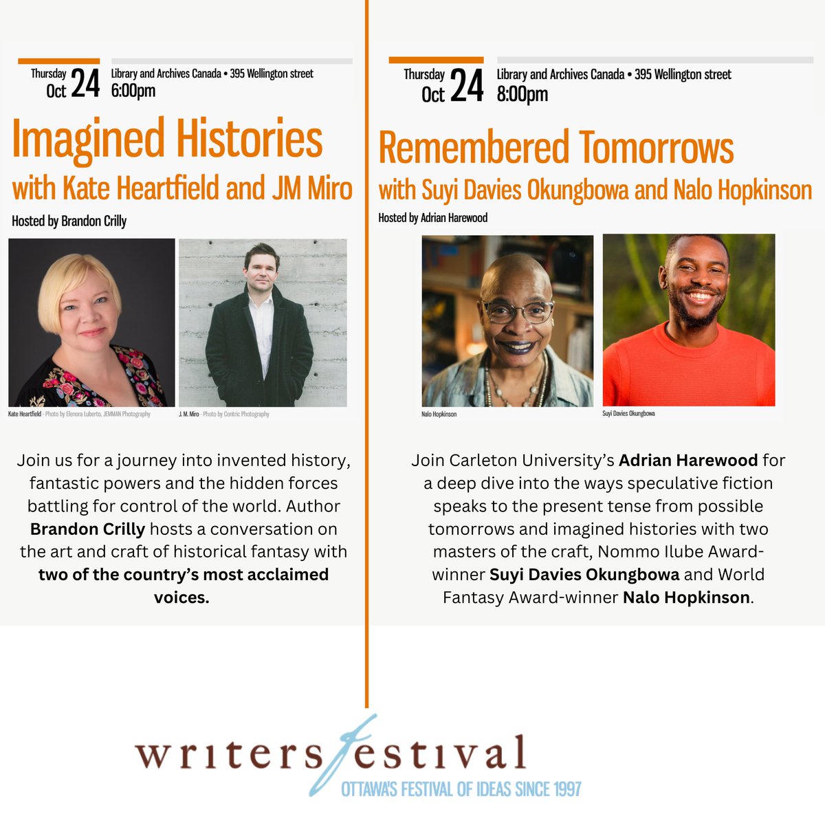 EnglishUOttawa's tweet photo. Writer-in-Residence, Kate Heartfield, and faculty member, Suyi Davies Okungbawa, featured in two events next Thursday, Oct. 24th at the @OttawaWritersFestival
📷 📷 Get your tix now https://t.co/H0PC61qCWs
#ottawacanada #writerslife #fantasyfiction #historicalfantasy #uottawa https://t.co/hBYJdGTeSA