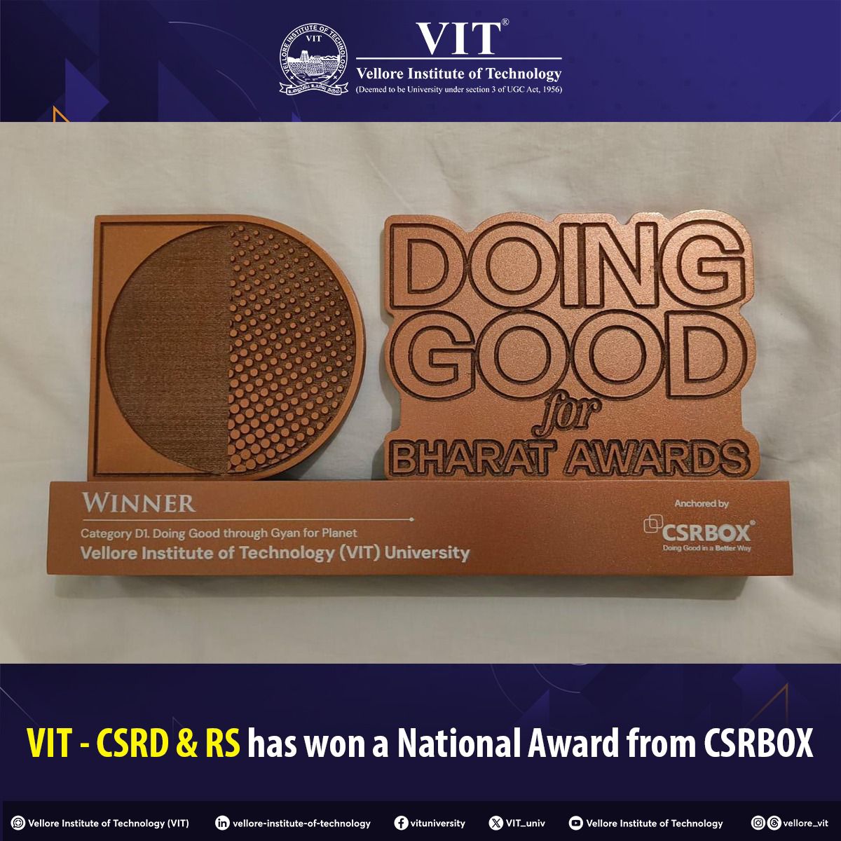 VIT_univ's tweet image. VIT – CSRD &amp;amp; RS (#CentreforSustainableRuralDevelopment &amp;amp; #ResearchStudies) has won the Prestigious Award from reputed Corporate Social Responsibility Box (#CSRBOX) during the 11th CSR and ESG Summit at New Delhi on 16th of October, 2024. 

#VIT #VITNationalAward #VITPhilanthropy