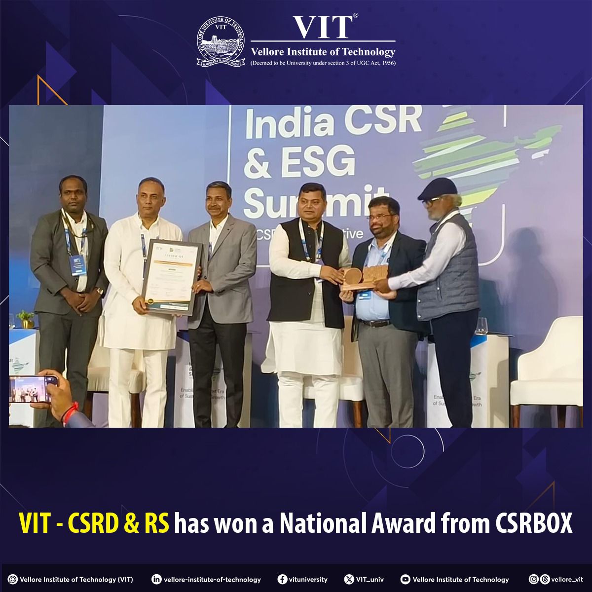 VIT_univ's tweet image. VIT – CSRD &amp;amp; RS (#CentreforSustainableRuralDevelopment &amp;amp; #ResearchStudies) has won the Prestigious Award from reputed Corporate Social Responsibility Box (#CSRBOX) during the 11th CSR and ESG Summit at New Delhi on 16th of October, 2024. 

#VIT #VITNationalAward #VITPhilanthropy