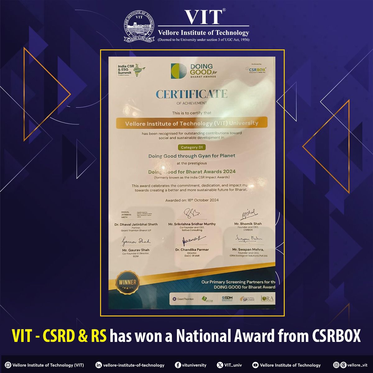 VIT_univ's tweet image. VIT – CSRD &amp;amp; RS (#CentreforSustainableRuralDevelopment &amp;amp; #ResearchStudies) has won the Prestigious Award from reputed Corporate Social Responsibility Box (#CSRBOX) during the 11th CSR and ESG Summit at New Delhi on 16th of October, 2024. 

#VIT #VITNationalAward #VITPhilanthropy