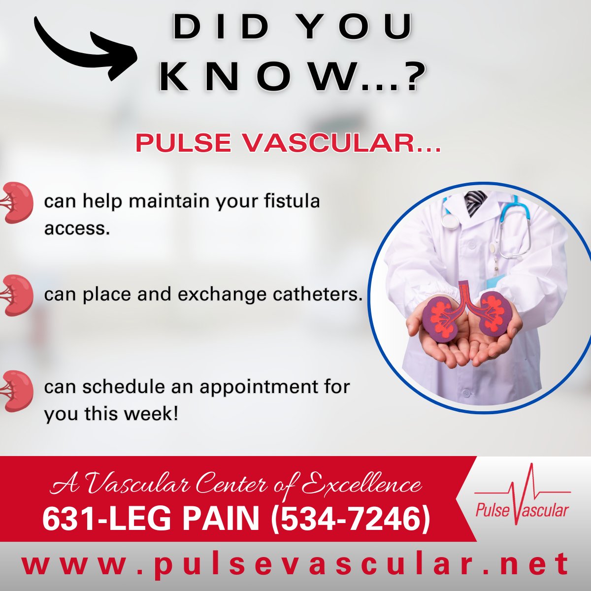 PulseVascular's tweet photo. According to the American Kidney Fund, over 15,00 New Jersey residents depend on dialysis as of 2021.
The Pulse Vascular Team of Specialists can help maintain your lifeline and treat your symptoms relating to a failing access.  Talk with your doctor about seeing Pulse Vascular. https://t.co/1s2iYT2oVD