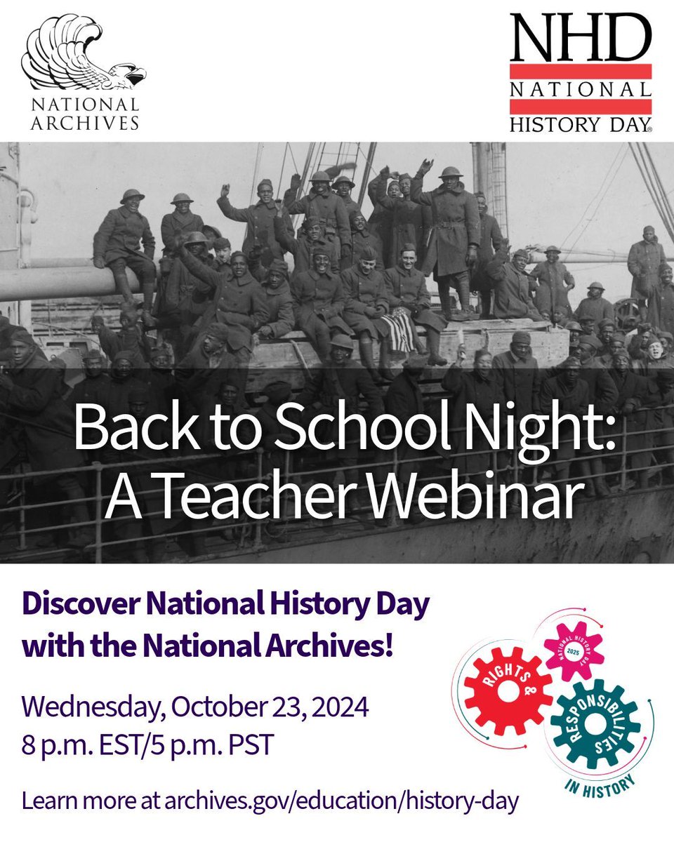Hey teachers: Join <a href="/USNatArchives/">U.S. National Archives</a> to explore NHD! Learn about the 2025 theme &amp; discover how Natl. Archives resources play an important role in student projects.

Registration is required for this free webinar on Wednesday 10/23 at 8pm EST. Learn more at archives.gov/education/hist….