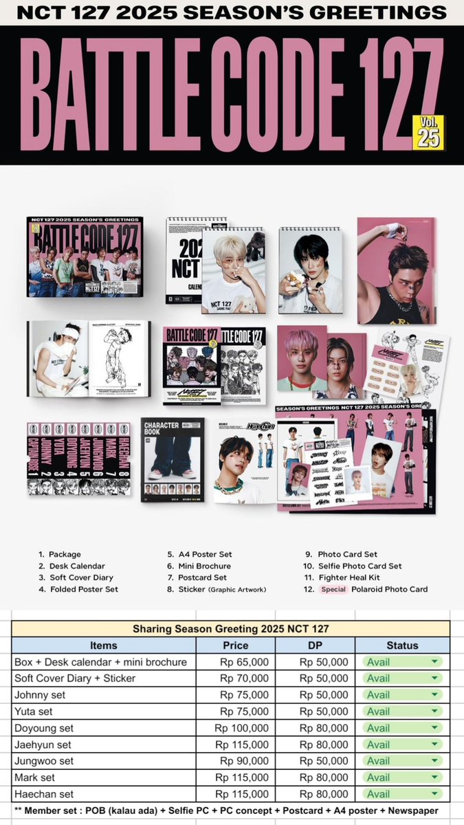baecrose's tweet photo. Lagi buka open sharing NCT127 season's greeting nih.

🏠dari sby ya 
Calendar set ❌
Sticker set ❌
Haechan ❌
Sisanya masih ada ya https://t.co/scEdWjW5Sy