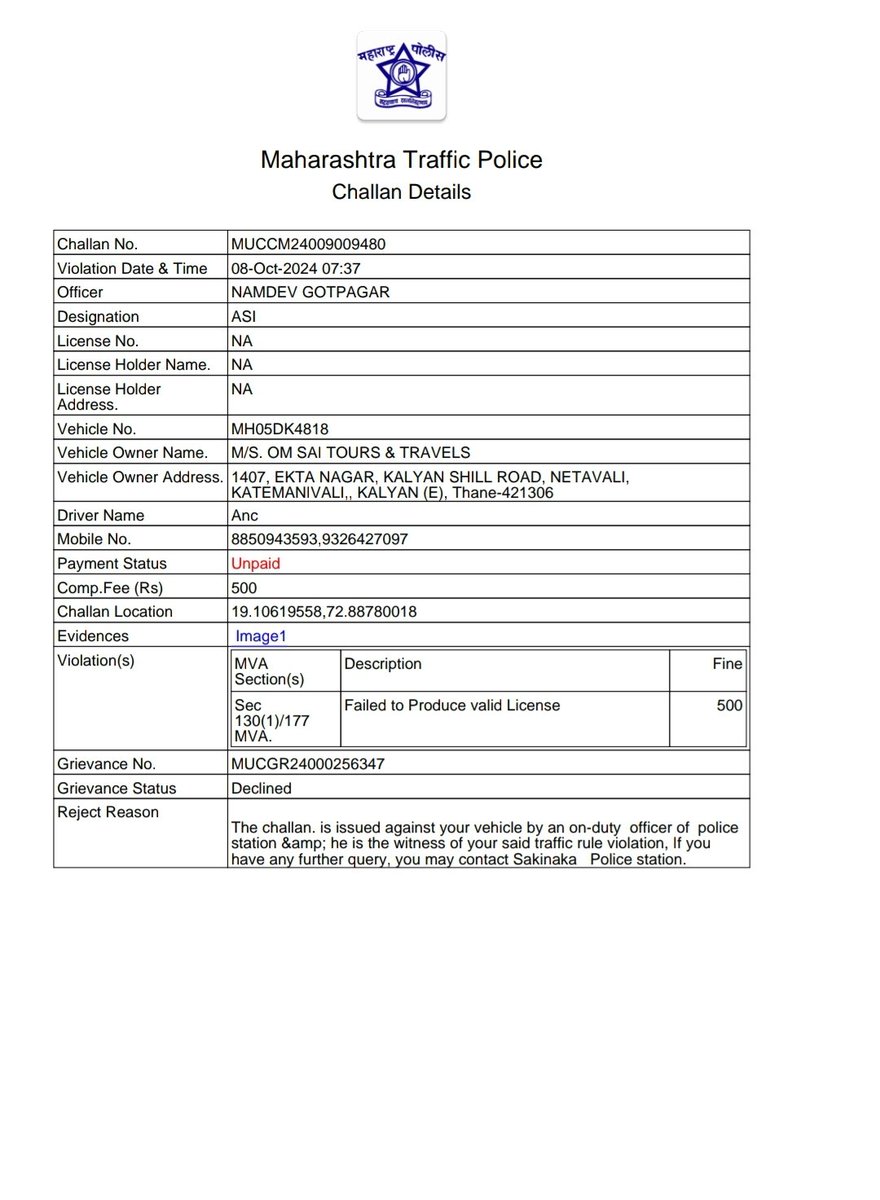 Sanoj0712's tweet photo. @MORTHIndia @OfficeOfNG @DGPMaharashtra @MumbaiPolice @MTPHereToHelp Even I have a valid license, a wrong challan is imposed on my vehicle. Vehicle number:-MH05DK4818 https://t.co/UjdaZGzuuD