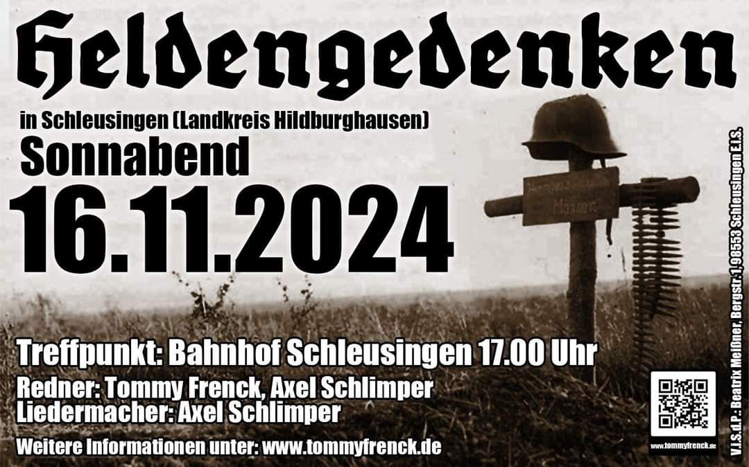 MaxMatthiess's tweet photo. Heldengedenken in #Schleusingen!
Treffpunkt 17 Uhr
Beginn mit dem Fackelumzug 17:30 Uhr.
Tot sind nur jene, die vergessen werden!
#thüringen #heldengedenken https://t.co/55ePiIBs3Q