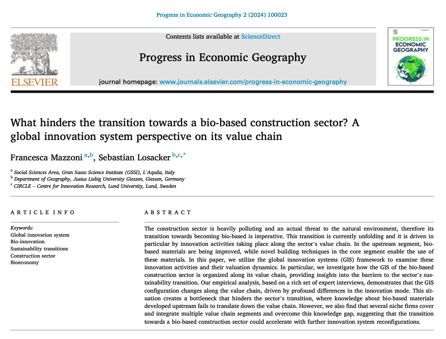 Progress in Economic Geography (PEG) (@progecongeo) on Twitter photo 💡New Open Access Alert!
"What hinders the transition towards a bio-based construction sector? A global innovation system perspective on its value chain" by Francesca Mazzoni and <a href="/S_Losacker/">Sebastian Losacker</a>
↘️
sciencedirect.com/science/articl… 💡New Open Access Alert!
"What hinders the transition towards a bio-based construction sector? A global innovation system perspective on its value chain" by Francesca Mazzoni and <a href="/S_Losacker/">Sebastian Losacker</a>
↘️
sciencedirect.com/science/articl…