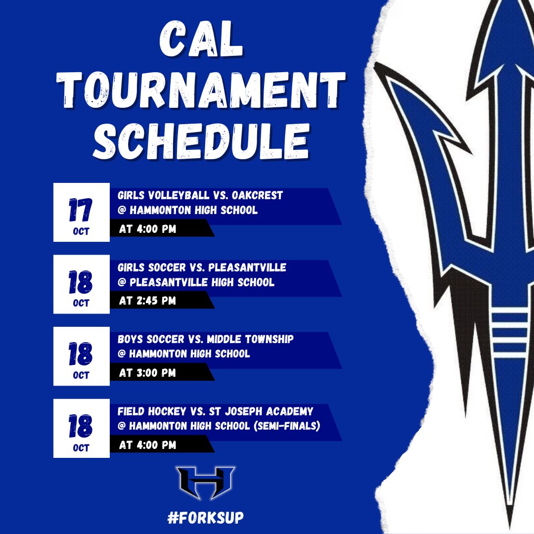 HHSdevilsports's tweet photo. Come out and support our athletic teams in the CAL Tournament! Best of luck this week! #ForksUp
@HammontonHigh @HHSDevilsGVB @HammontonFH
@DanRussoman @hhsadvocate https://t.co/zS0QHWEExw