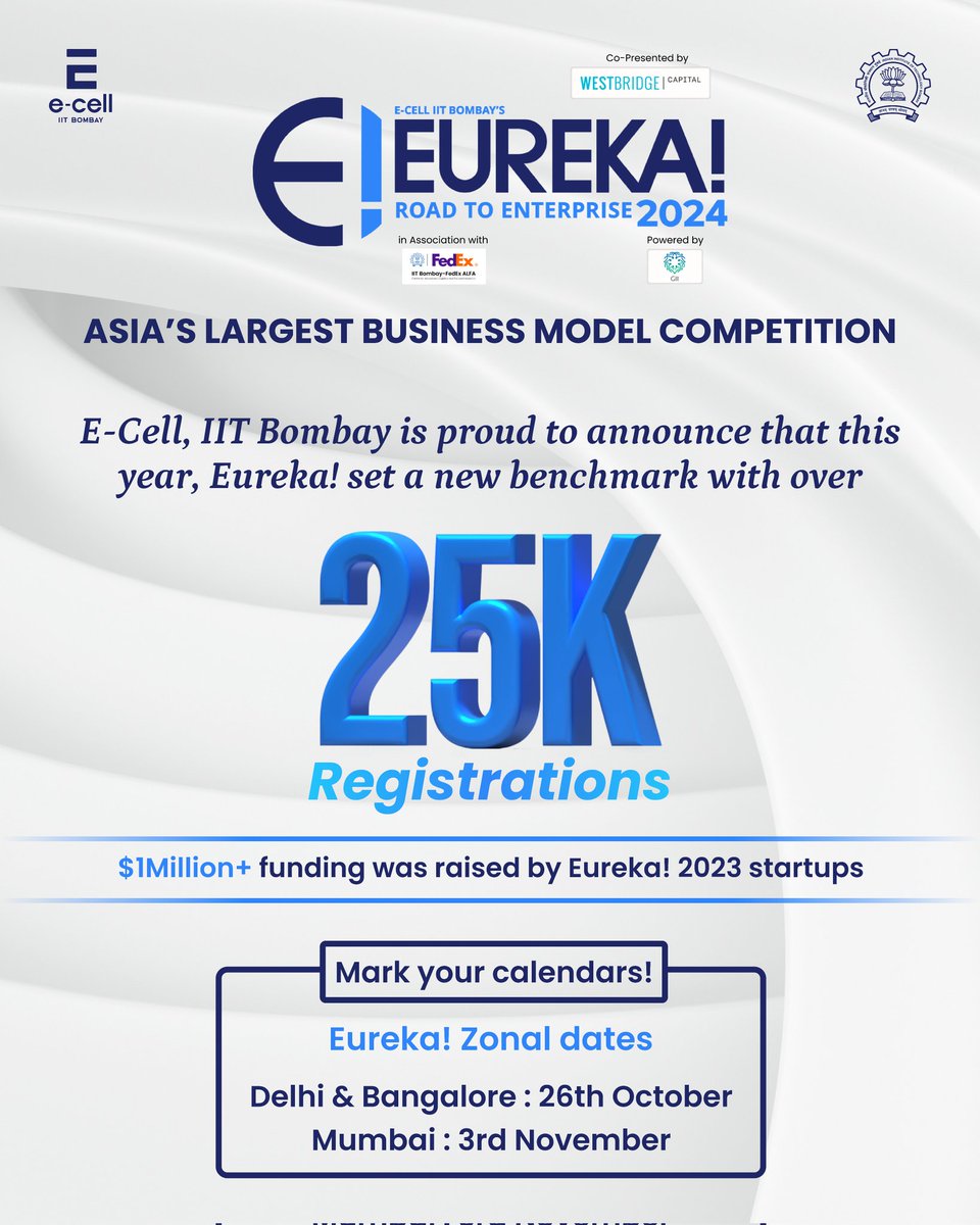 ecell_iitb's tweet photo. We did it! Over 25,000 registrations! 
Thank you to everyone who has participated in Eureka!—your passion and energy are what make it so exciting. Get ready for an epic journey ahead! 

#eureka #25k #businessmodelcompetition #startups #entrepreneurship #ecell #iitbombay https://t.co/nbI3Uukl4b