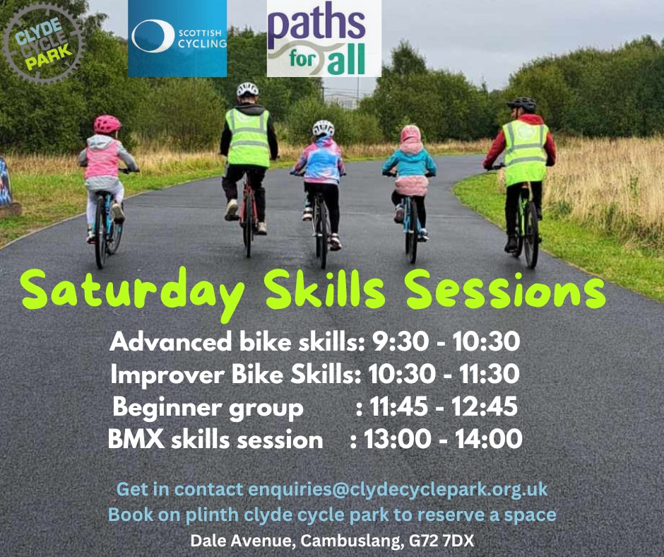 Join us for Saturday Skills session on 19th October 2024.
Advanced bike skills: 9:30 - 10:30
Improver Bike Skills: 10:30 - 11:30
Beginner group        : 11:45 - 12:45
BMX skills session    : 13:00 - 14:00

Book in using Plinth or DM us if you have questions