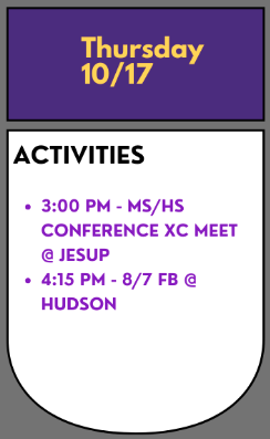 Today's activities:

3 - MS/HS Conference XC 🏃‍♀️🏃‍♂️Meet @ Jesup
4:15 - 8/7 FB 🏉@ Hudson