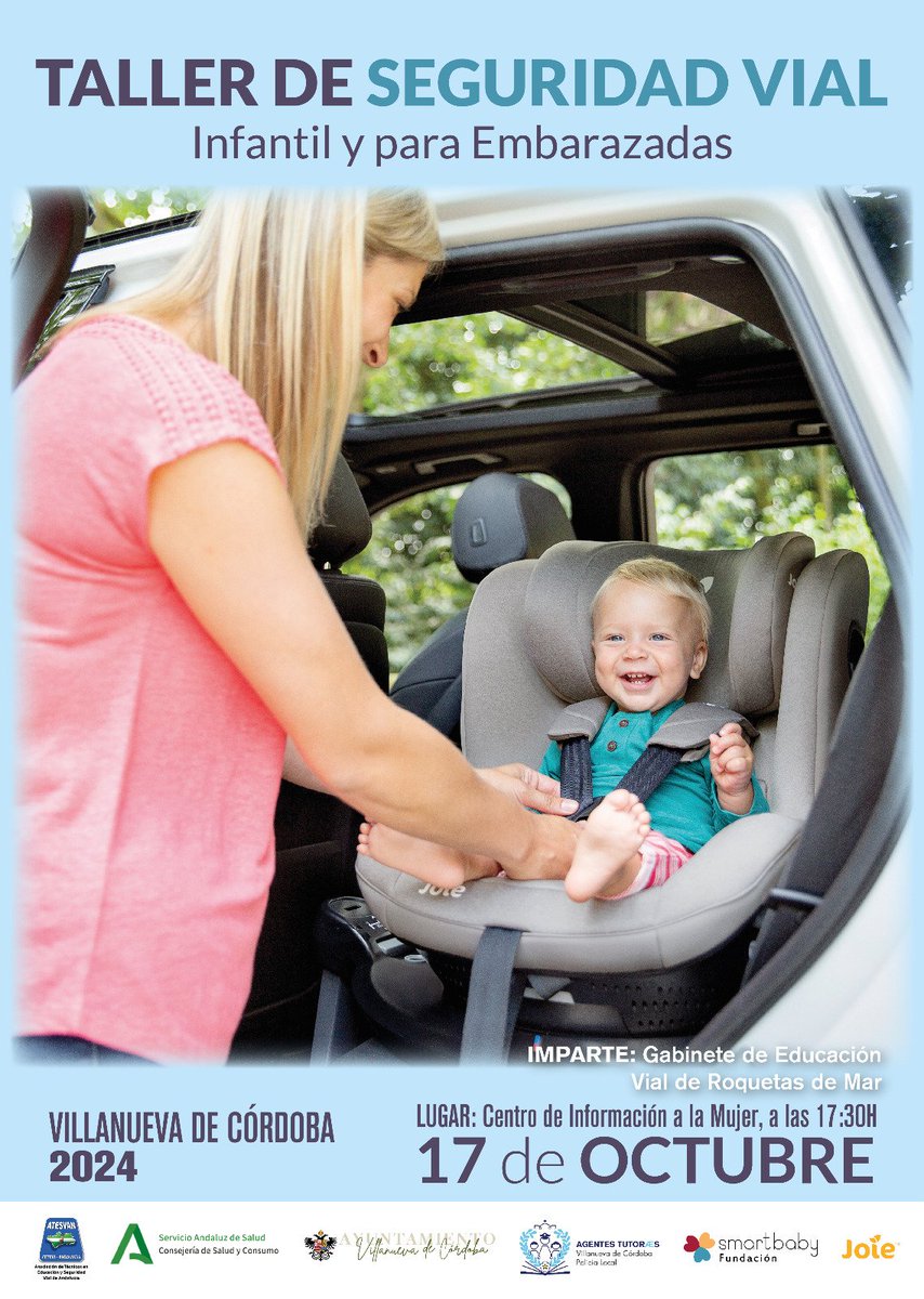 Previo a la Jornada de #EducaciónVial en #VillanuevadeCórdoba el Gabinete de Educación Vial de la Policía Local de Roquetas de Mar realizará un taller de Seguridad Vial Infantil y para embarazadas con la colaboración de las enfermeras de referencia y #FundaciónSmartBaby