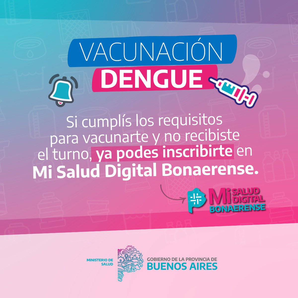 SaludBAP's tweet photo. VACUNACIÓN CONTRA EL DENGUE 💉 | Si pertenecés a la población priorizada y no recibiste el turno por correo electrónico, ya te podés registrar en el portal Mi Salud Digital Bonaerense: https://t.co/axIR0pt9FP https://t.co/a4W3PpVPLa