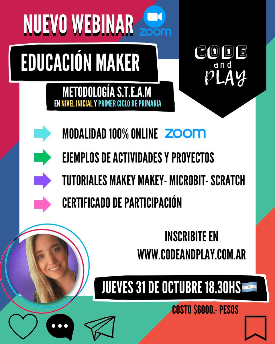 Capacitación docente: Educación Maker: metodología STEAM. Jueves 31 de octubre 18.30hs STEAM. Inscribite en codeandplay.com.ar/nuestras-propu…
