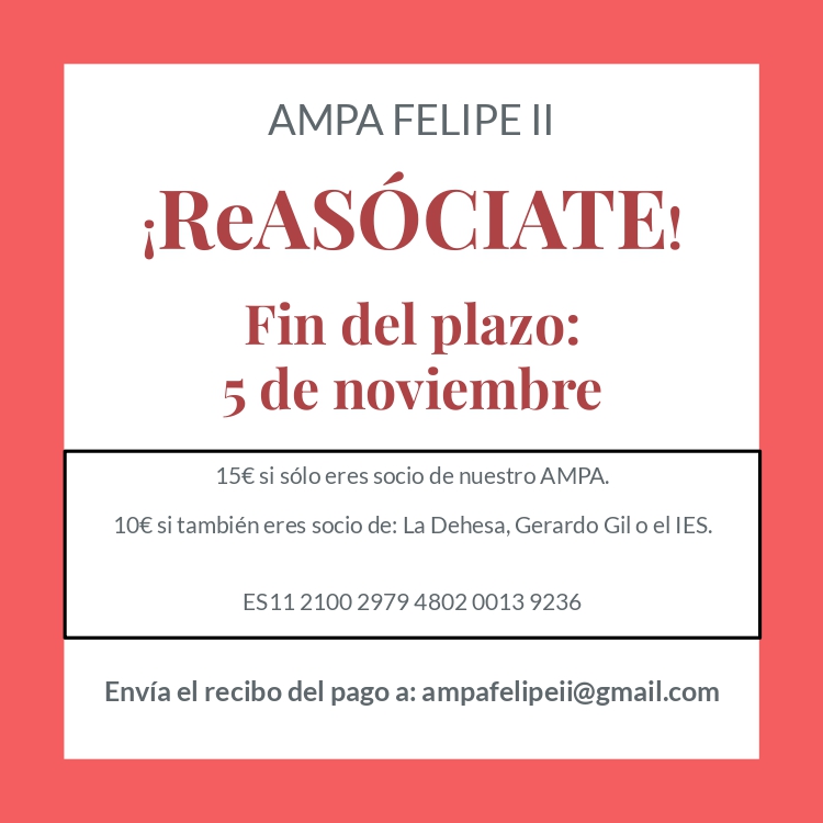 ¡Hola! Aunque podemos hacernos socios y socias durante todo el año, es muy bueno para nuestros proyectos saber con cuántos miembros contamos. 🧮

Por eso te animamos a que renueves cuanto antes tu cuota del AMPA. ¡Muchas gracias!

ampafelipeiiblog.wordpress.com/hazte-socio/
