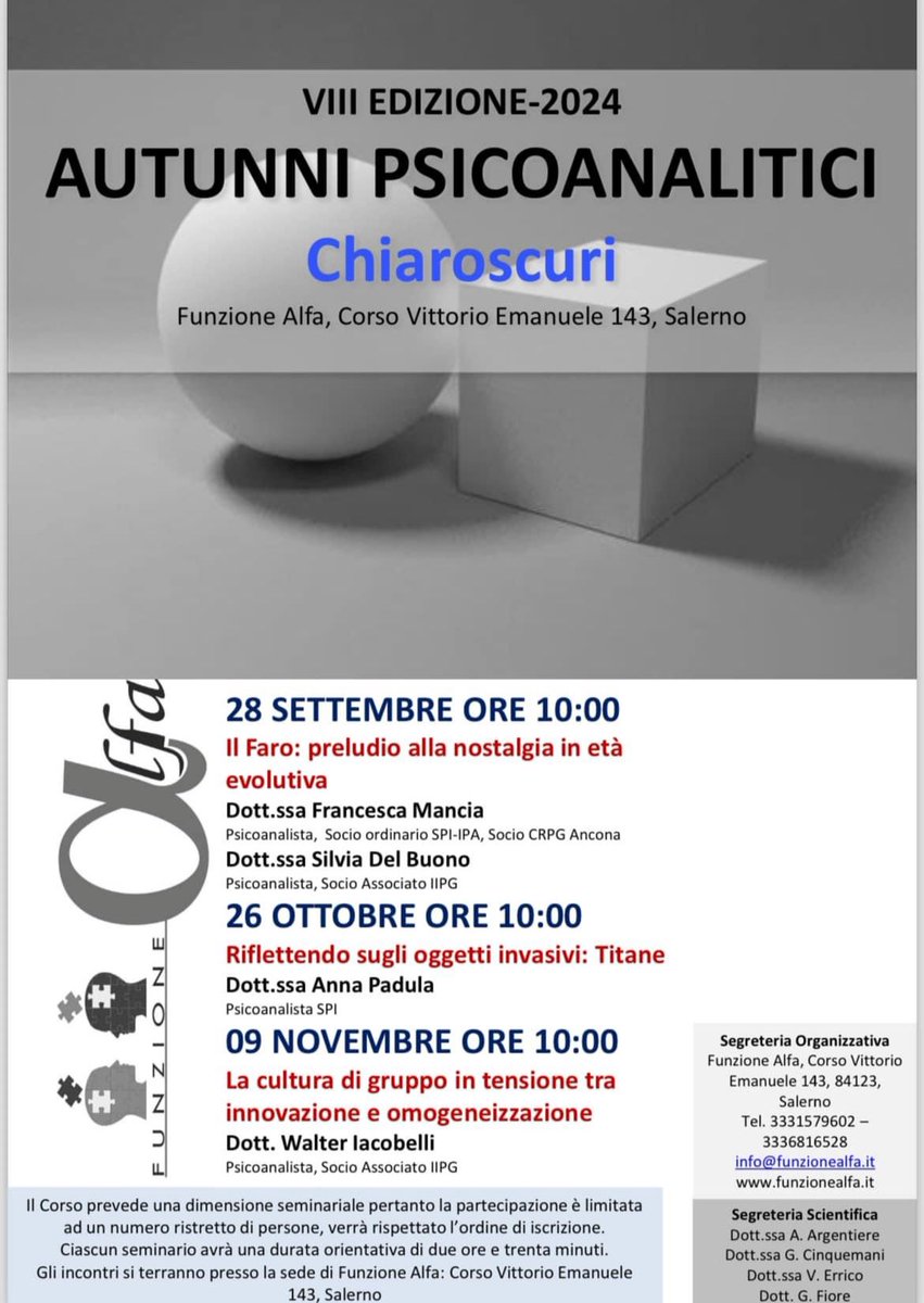 26 OTTOBRE 2024
Riflettendo sugli oggetti invasivi: Titane
Anna Padula

Ultimi posti disponibili

✅ Per Info e iscrizioni: 3331579602 - 3336816528
info@funzionealfa.it

#autunni24 #salerno #psicoanalisi #psicologia #psicologiaanalitica #psicoterapia