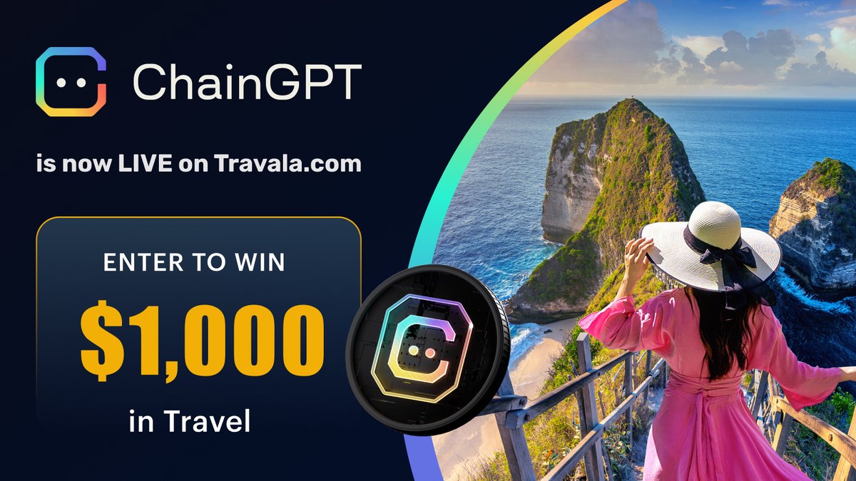 Travala.com ๐จ โ๏ธ (@travalacom) on Twitter photo ๐ข NEW INTEGRATION: $CGPT is now LIVE on Travala!
You can book over 3 million hotels & flights globally with $CGPT โ๏ธ๐
To celebrate, enter the giveaway:
1๏ธโฃ Follow <a href="/Chain_GPT/">ChainGPT</a> & <a href="/travalacom/">Travala.com ๐จ โ๏ธ</a>
2๏ธโฃ โค๏ธ & ๐ this post
3๏ธโฃ Tell us your dream destination๐
๐ 1x$500, 2x$250
Ends Oct 24 ๐ข NEW INTEGRATION: $CGPT is now LIVE on Travala!
You can book over 3 million hotels & flights globally with $CGPT โ๏ธ๐
To celebrate, enter the giveaway:
1๏ธโฃ Follow <a href="/Chain_GPT/">ChainGPT</a> & <a href="/travalacom/">Travala.com ๐จ โ๏ธ</a>
2๏ธโฃ โค๏ธ & ๐ this post
3๏ธโฃ Tell us your dream destination๐
๐ 1x$500, 2x$250
Ends Oct 24
