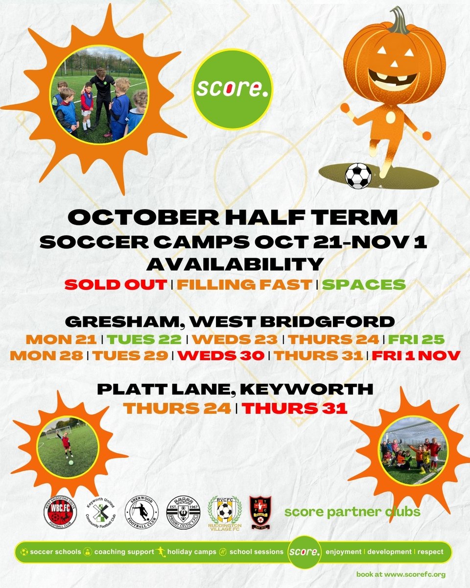 ⚽️ Score October Half Term Camps kicks off next week!
⁠
Visit us at Score Football Coaching and click 'Book Now!' or visit uk.bookingbug.com/home/41231-Sco…⁠ 🎃
⁠
#westbridgford #keyworth 
@westbridgfordcoltsofficial @keyworthunitedcfc
