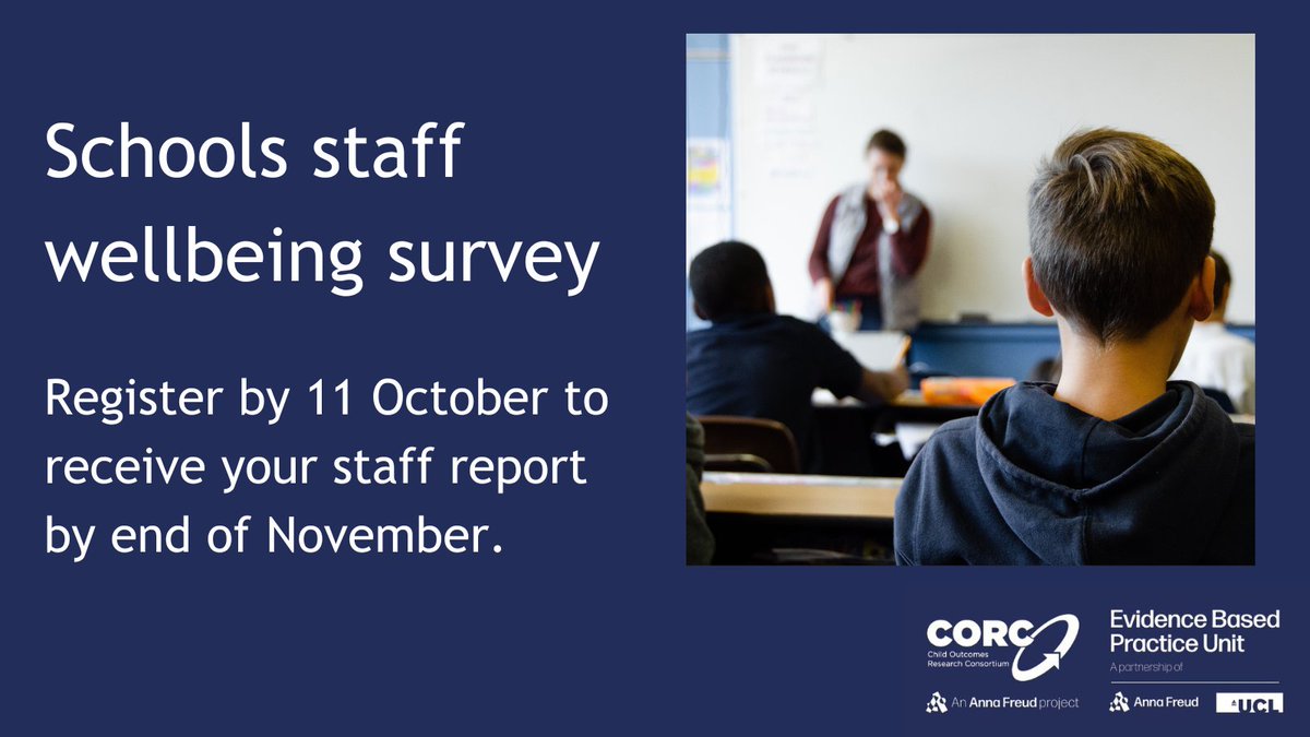EBPUnit's tweet photo. #Schools can register for a @CORCcentral staff wellbeing survey on/before 11 October, giving them a report to understand how staff are feeling about the support systems and culture in school, their mental #wellbeing and ability/capacity to support pupils. https://t.co/vT9pGAqfVL https://t.co/p3M4eoZR7I