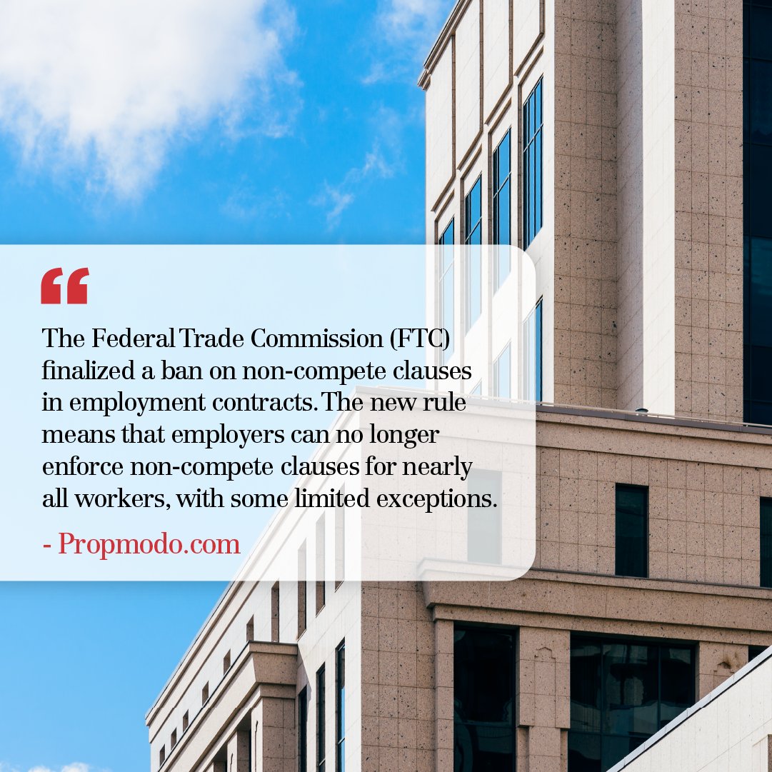 "The recent ban on non-compete clauses for most workers has sparked debate in the commercial real estate industry. 
Points:
- The ban aims to promote competition.
- CRE firms have relied on non-compete to retain talent.
 
propmodo.com/commercial-rea…

#CRE #CRENews #NAIDominion"