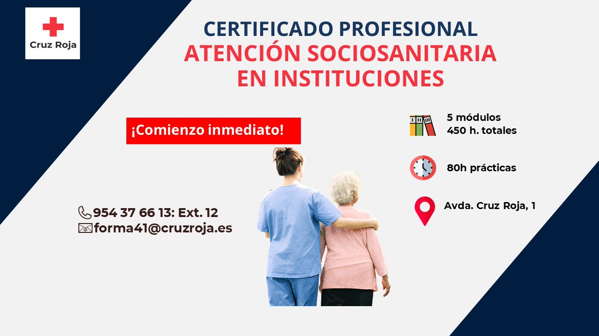 CruzRojaSevilla's tweet photo. Nueva oportunidad para obtener tu certificado de profesionalidad en atención sociosanitaria en instituciones. ¡No la dejes pasar!
Toda la  info en el ☎️ 954376613 o en el 📧 forma41@cruzroja.es

#Formacion #FormateConCruzRoja https://t.co/Xp0IaWGaO6