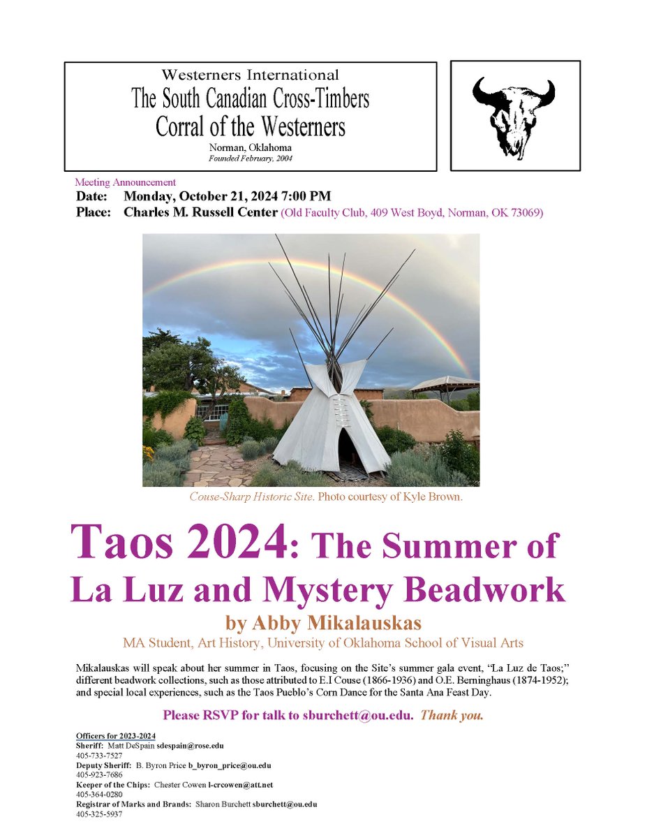 You Are Invited!  7 pm,  Mon., Oct. 21, 2024 at the Charles M. Russell Center (409 W. Boyd St.,  Norman, OK 73069).  No admission charge.  Open event with RSVP preferred  as seating is limited: russsellcenter@ou.edu. Questions: 405-325-5939 Russell Center.